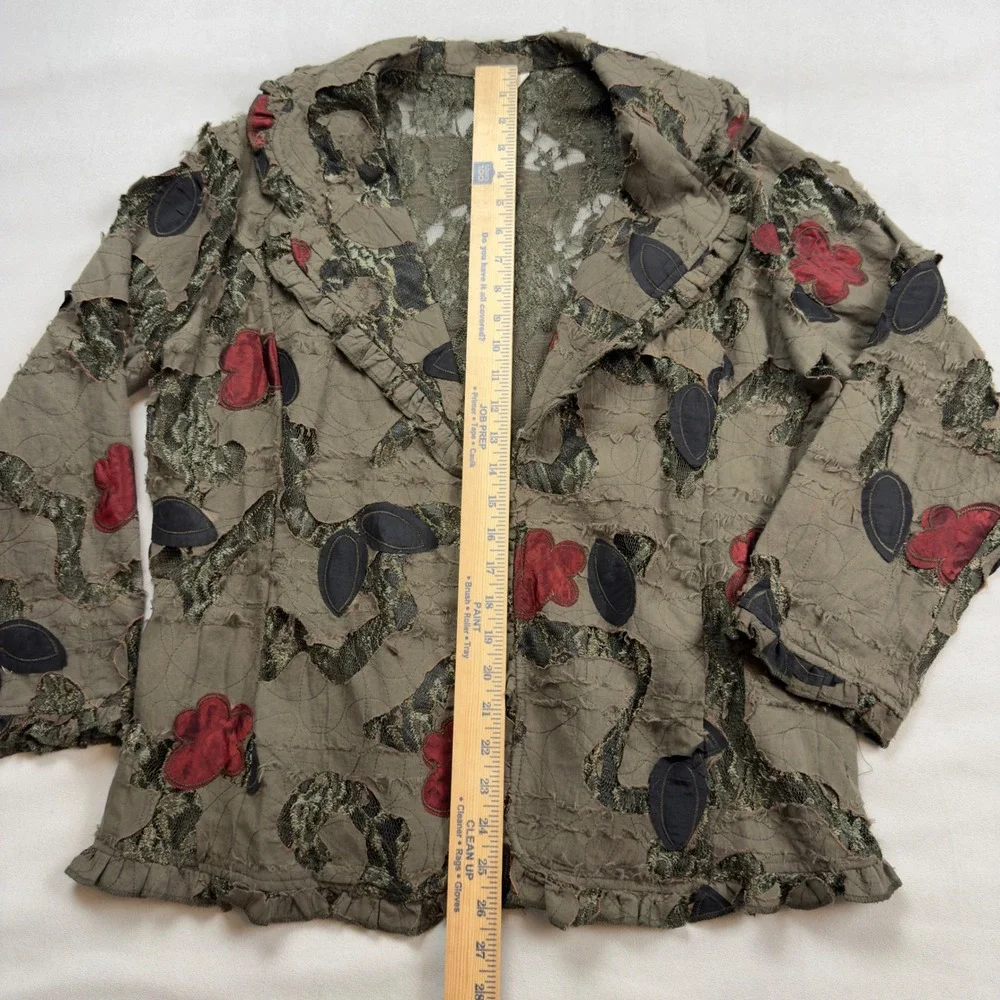 Dorman Womens XL Olive Green Floral‎ Lace Applique Open Front Art To Wear Jacket